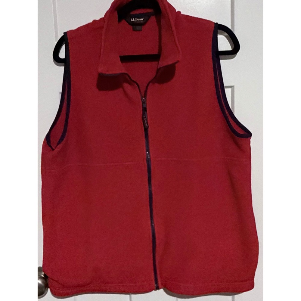 LL Bean Outdoors Fleece Vest Red Navy Blue Full Zip Sleeveless Jacket Mens M